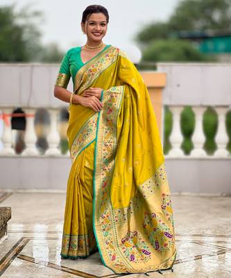 soft litchi art silk paithani jacquard saree (royal-paithani-1-parrot-green) 1