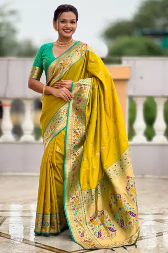 soft litchi art silk paithani jacquard saree (royal-paithani-1-parrot-green)