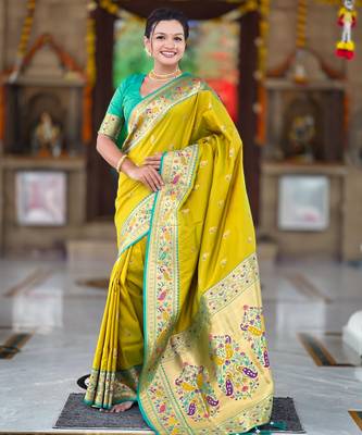 soft litchi art silk paithani jacquard saree (royal-paithani-1-parrot-green) 2
