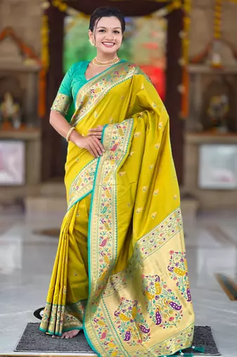 soft litchi art silk paithani jacquard saree (royal-paithani-1-parrot-green)