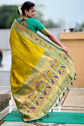 soft litchi art silk paithani jacquard saree (royal-paithani-1-parrot-green)
