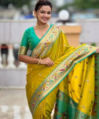 soft litchi art silk paithani jacquard saree (royal-paithani-1-parrot-green) 5
