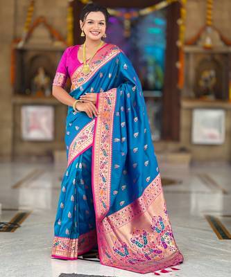 soft litchi art silk paithani jacquard saree (royal-paithani-1-sky-blue) 2