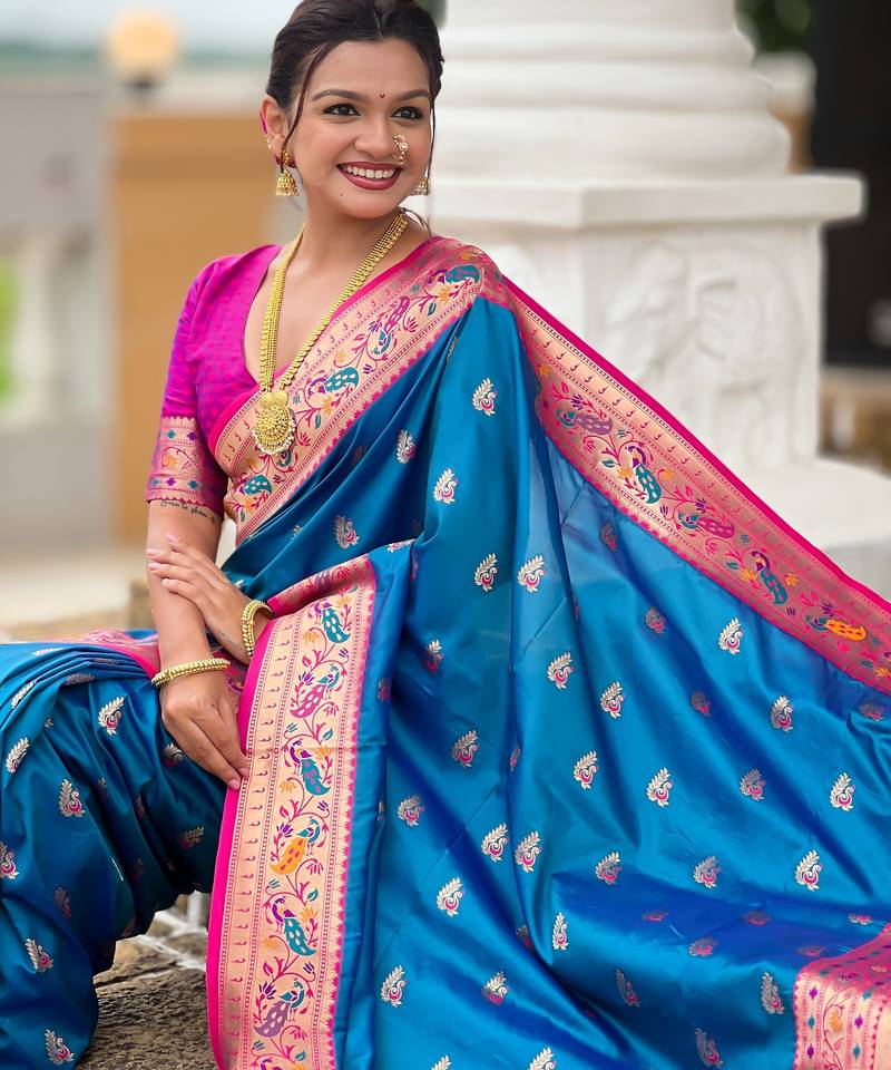 soft litchi art silk paithani jacquard saree (royal-paithani-1-sky-blue)