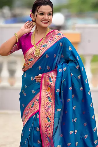 soft litchi art silk paithani jacquard saree (royal-paithani-1-sky-blue)
