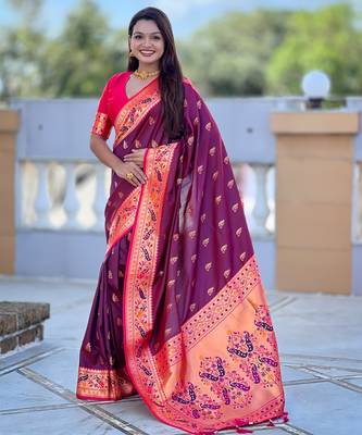 soft litchi art silk paithani jacquard saree (royal-paithani-1-wine) 1