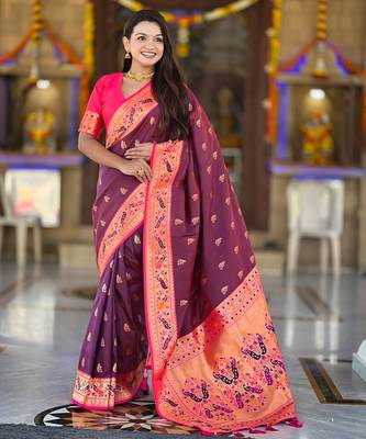 soft litchi art silk paithani jacquard saree (royal-paithani-1-wine) 2