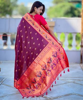 soft litchi art silk paithani jacquard saree (royal-paithani-1-wine) 3