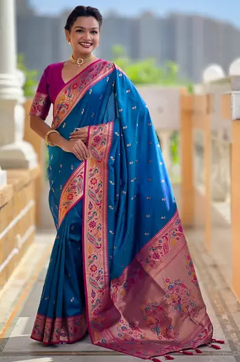 soft litchi art silk paithani jacquard saree (royal-paithani-2-firozi)