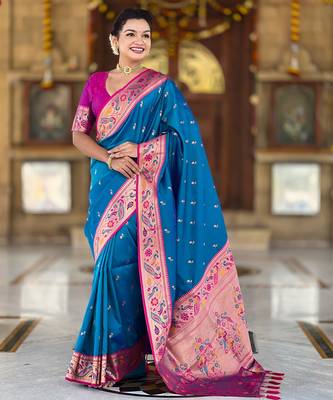 soft litchi art silk paithani jacquard saree (royal-paithani-2-firozi) 2