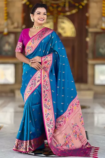 soft litchi art silk paithani jacquard saree (royal-paithani-2-firozi)