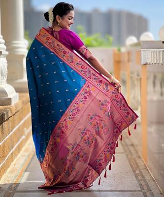 soft litchi art silk paithani jacquard saree (royal-paithani-2-firozi) 3