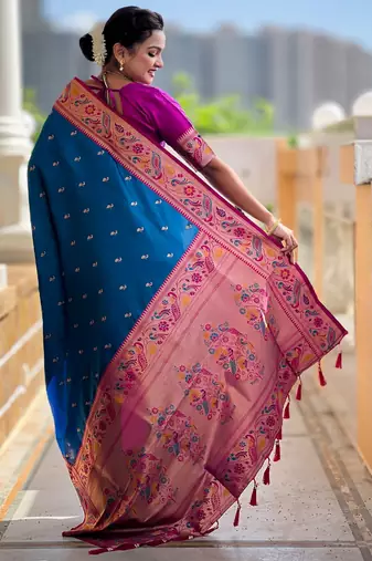 soft litchi art silk paithani jacquard saree (royal-paithani-2-firozi)