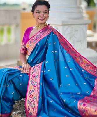soft litchi art silk paithani jacquard saree (royal-paithani-2-firozi) 4