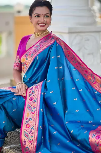 soft litchi art silk paithani jacquard saree (royal-paithani-2-firozi)