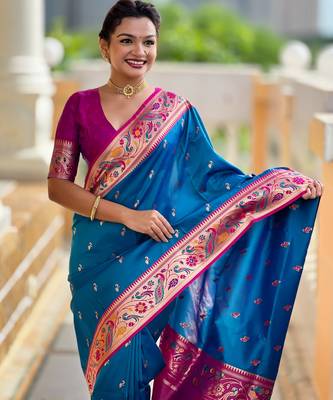 soft litchi art silk paithani jacquard saree (royal-paithani-2-firozi) 5