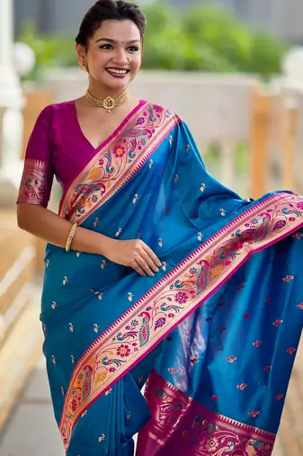 soft litchi art silk paithani jacquard saree (royal-paithani-2-firozi)