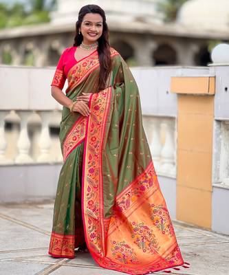 soft litchi art silk paithani jacquard saree (royal-paithani-2-mahendi) 1