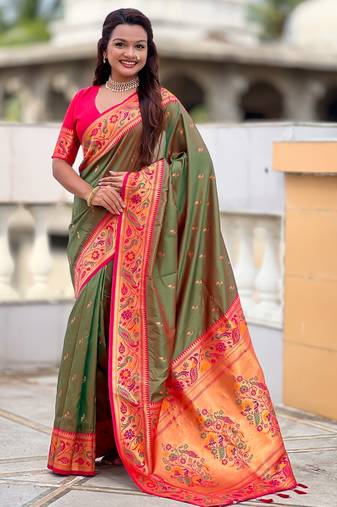 soft litchi art silk paithani jacquard saree (royal-paithani-2-mahendi)