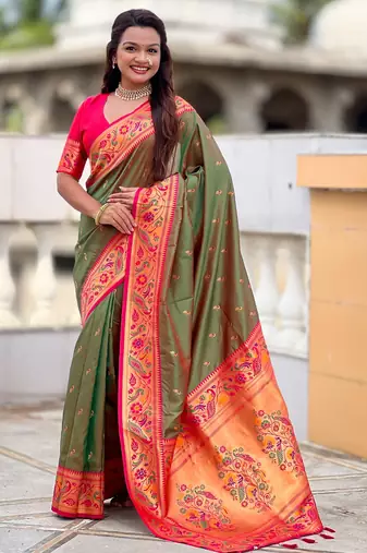 soft litchi art silk paithani jacquard saree (royal-paithani-2-mahendi)