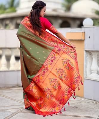 soft litchi art silk paithani jacquard saree (royal-paithani-2-mahendi) 3