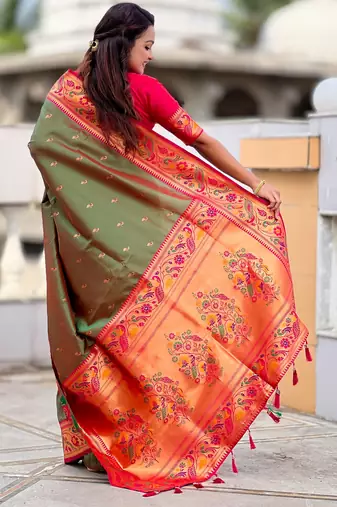 soft litchi art silk paithani jacquard saree (royal-paithani-2-mahendi)