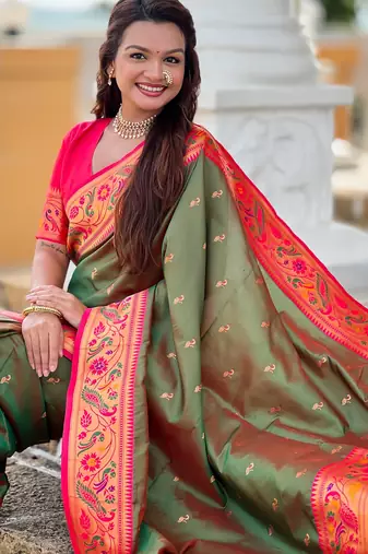 soft litchi art silk paithani jacquard saree (royal-paithani-2-mahendi)