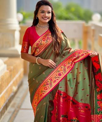 soft litchi art silk paithani jacquard saree (royal-paithani-2-mahendi) 5