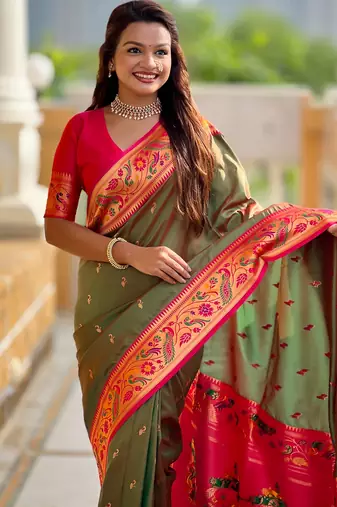 soft litchi art silk paithani jacquard saree (royal-paithani-2-mahendi)