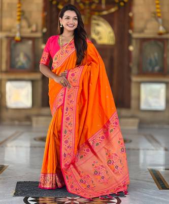 soft litchi art silk paithani jacquard saree (royal-paithani-2-orange) 2