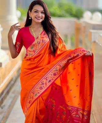 soft litchi art silk paithani jacquard saree (royal-paithani-2-orange) 5