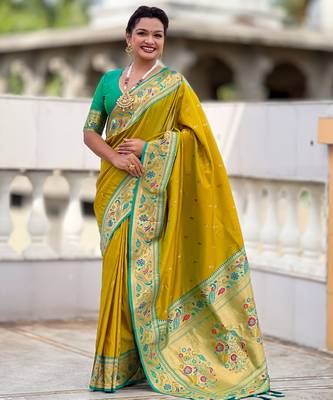 soft litchi art silk paithani jacquard saree (royal-paithani-2-parrot-green) 1
