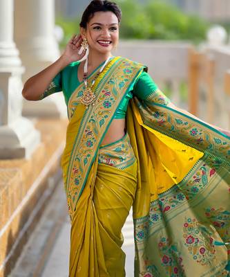 soft litchi art silk paithani jacquard saree (royal-paithani-2-parrot-green) 5