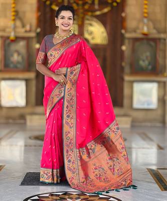 soft litchi art silk paithani jacquard saree (royal-paithani-2-rani-pink) 2