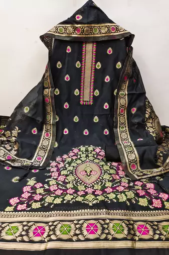 black zari woven chanderi silk dress materials