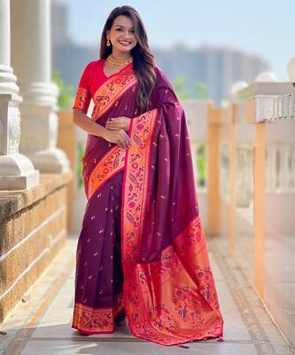 soft litchi art silk paithani jacquard saree (royal-paithani-2-wine) 1