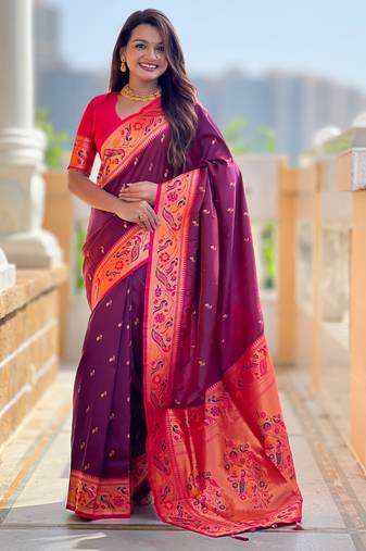 soft litchi art silk paithani jacquard saree (royal-paithani-2-wine)