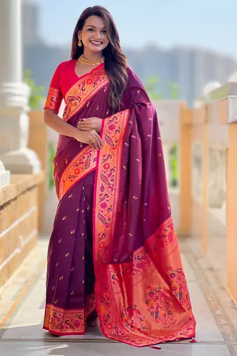 soft litchi art silk paithani jacquard saree (royal-paithani-2-wine)