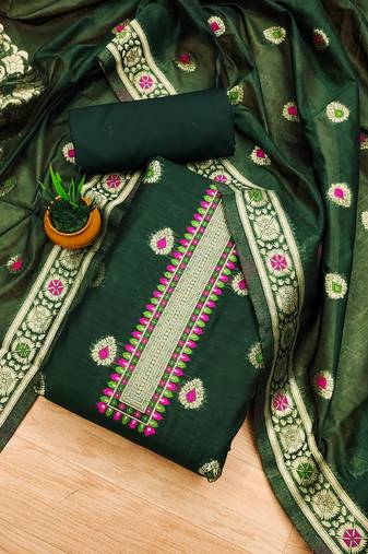 green zari woven chanderi silk dress materials