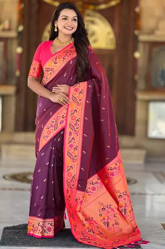 soft litchi art silk paithani jacquard saree (royal-paithani-2-wine)