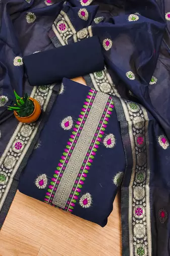 navy blue zari woven chanderi silk dress materials
