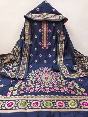 navy blue zari woven chanderi silk dress materials 2