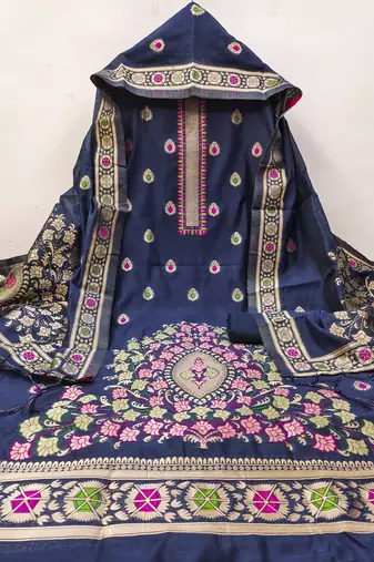 navy blue zari woven chanderi silk dress materials