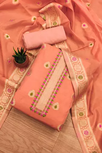 peach zari woven chanderi silk dress materials