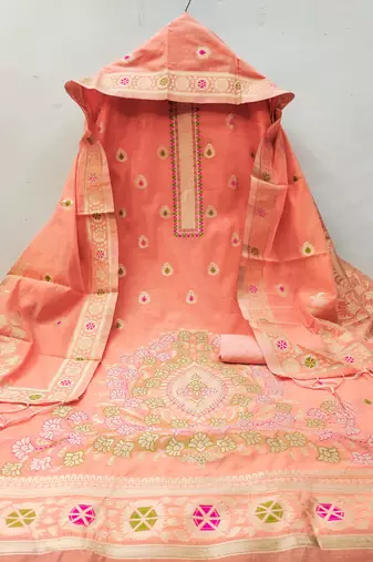peach zari woven chanderi silk dress materials