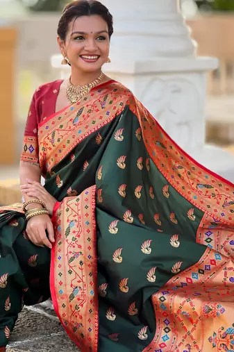soft litchi art silk paithani jacquard saree (sparkal-paithani-b-green)