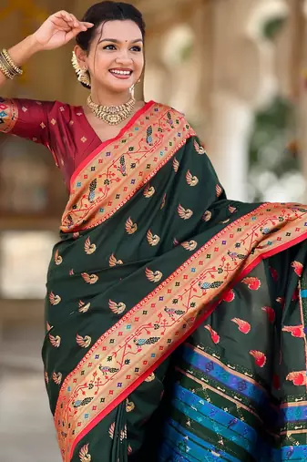 soft litchi art silk paithani jacquard saree (sparkal-paithani-b-green)
