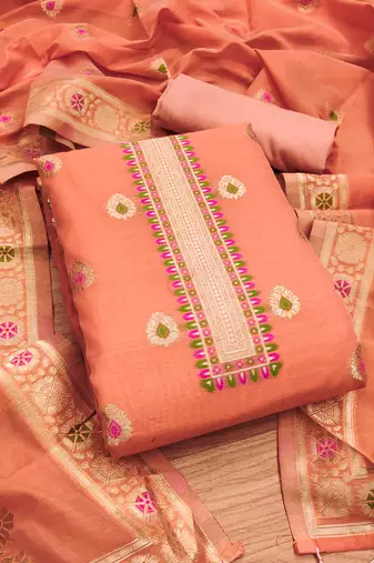 peach zari woven chanderi silk dress materials