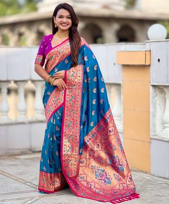 soft litchi art silk paithani jacquard saree (sparkal-paithani-firozi) 1