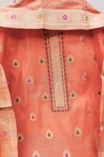 peach zari woven chanderi silk dress materials